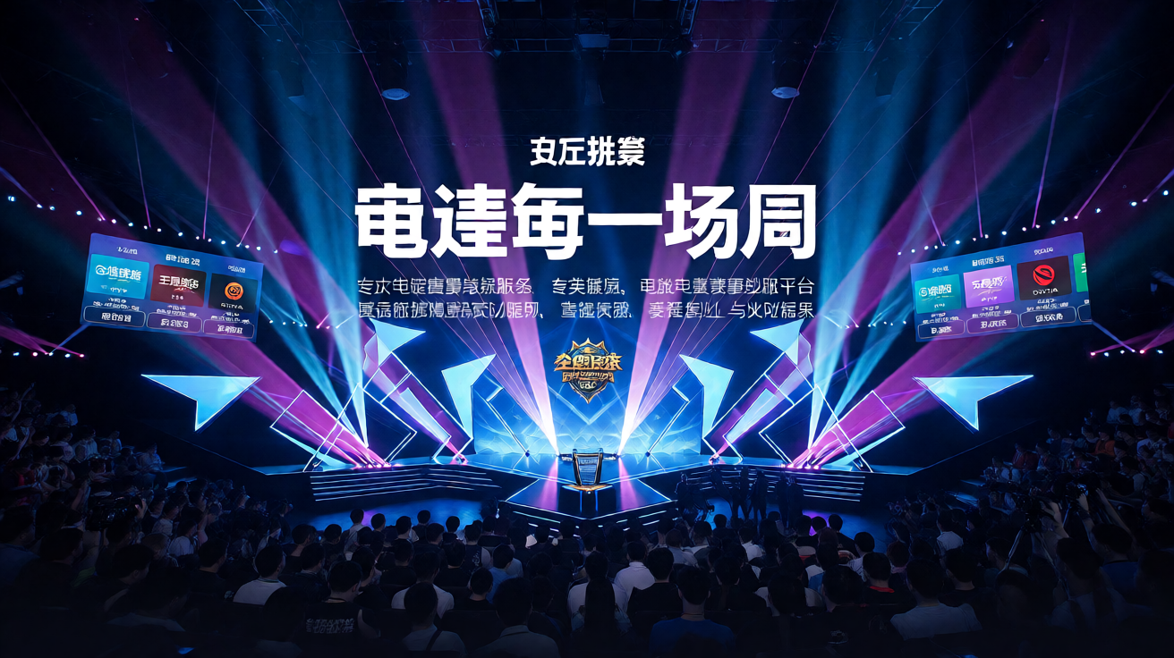 电竞赛事现场，英雄联盟全球总决赛舞台灯光效果